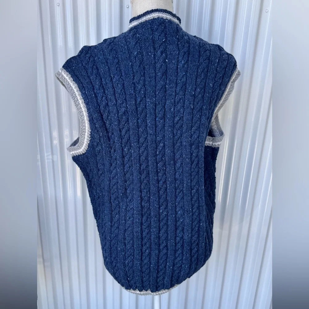 Navy Cable Knit V-Neck Wool Sweater Vest